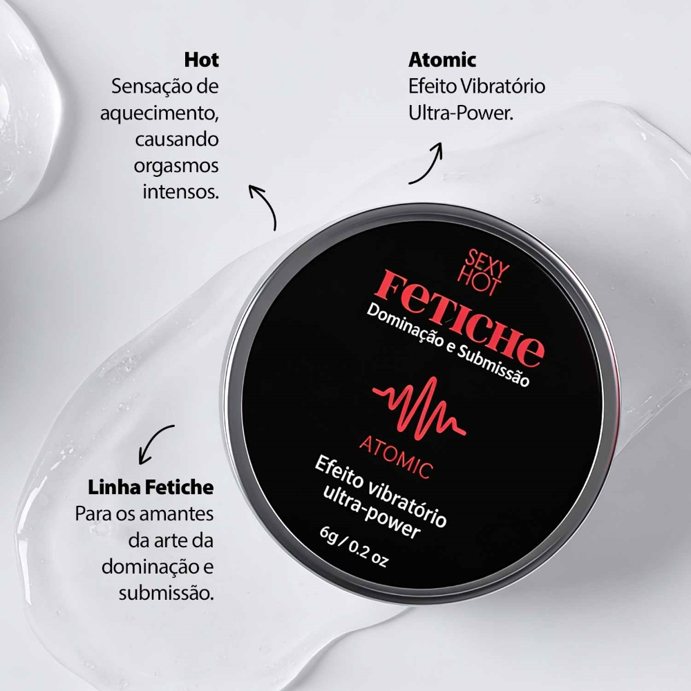 Imagem do pote de Gel Excitante Atomic aberto, com uma pequena por��o da pomada sendo aplicada, indicando o uso na pele