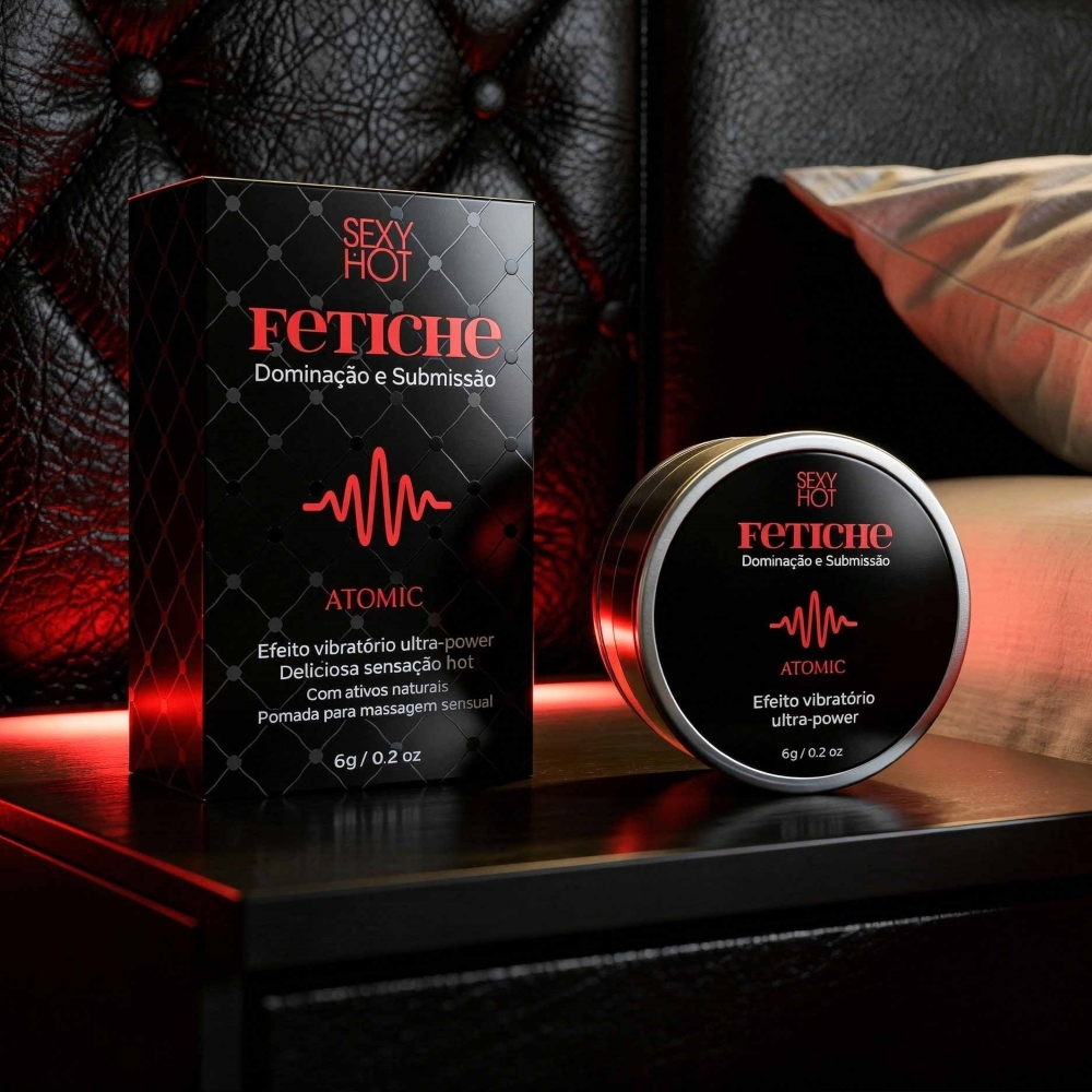 Caixa e pote do Gel Excitante Atomic em um ambiente �ntimo, ao lado da cama, sugerindo uso em momentos de prazer