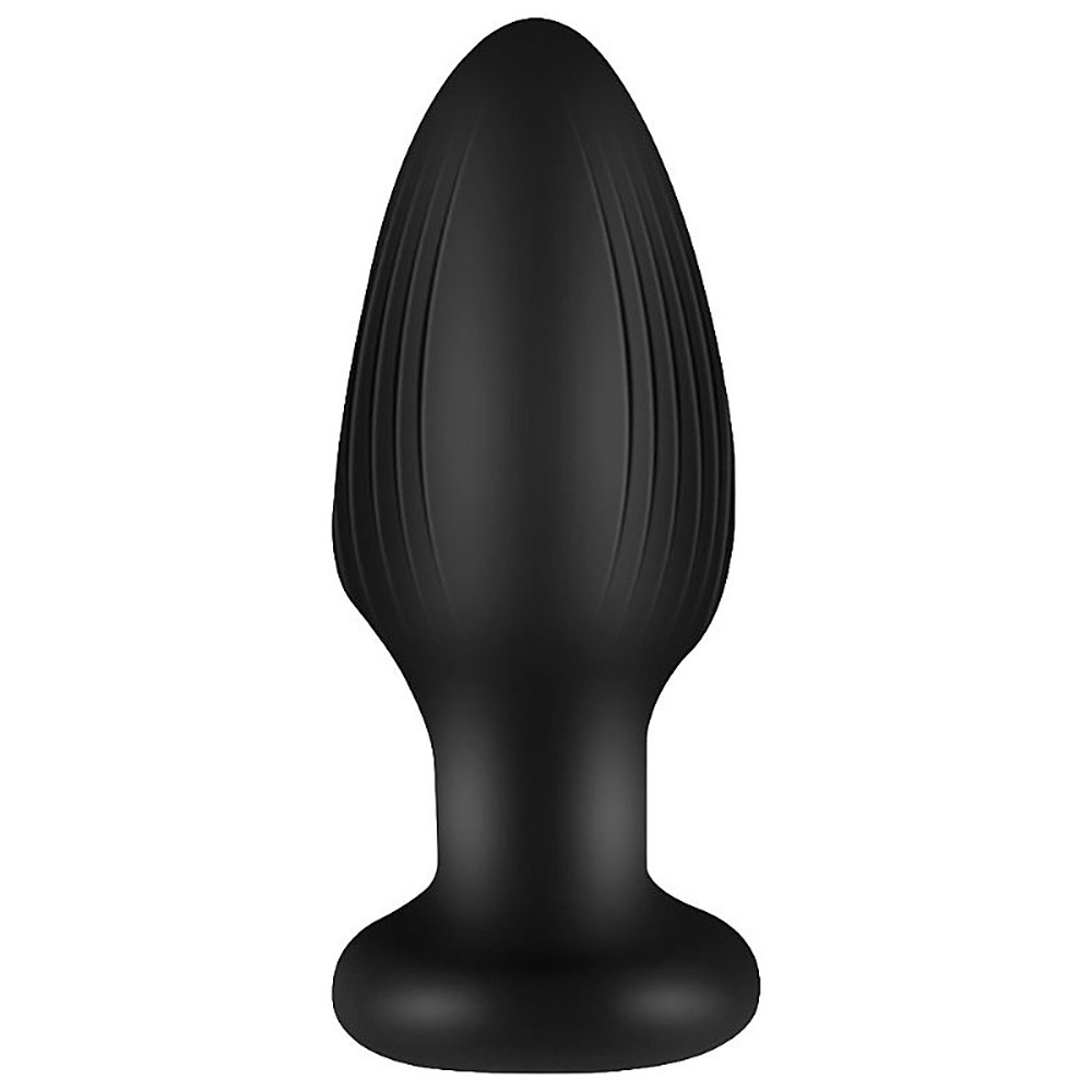 Plug anal preto recarreg�vel com vibrador e rota��o, ilustrado em conjunto com um smartphone que exibe o aplicativo de controle, em fundo branco
