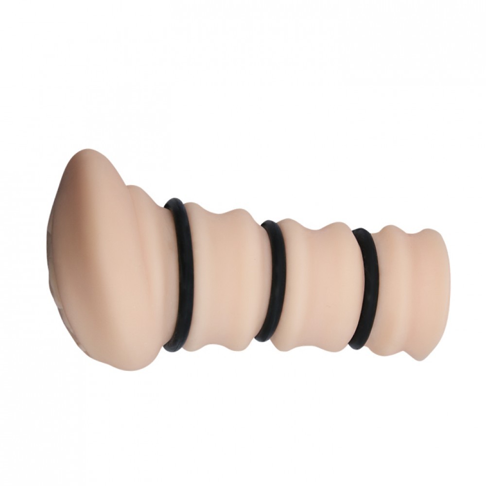 Masturbador Vagina em Cyberskin com 3 An�is para Compress�o Bege - Vista inferior mostrando an�is de compress�o e textura