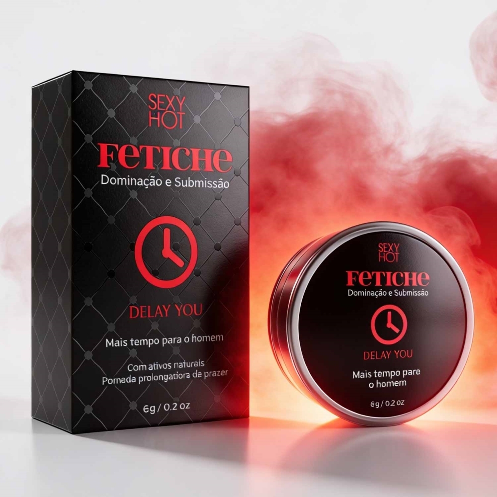 Gel Masculino em Pomada Prolongador de Ere��o Delay You 6g da marca Sexy Hot Fetiche, com embalagem e lata do produto em destaque com fundo vermelho