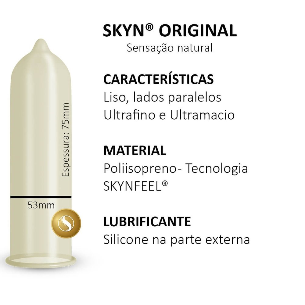 Informa��es sobre o Preservativo Blowtex SKYN, incluindo caracter�sticas de espessura e material poliisopreno