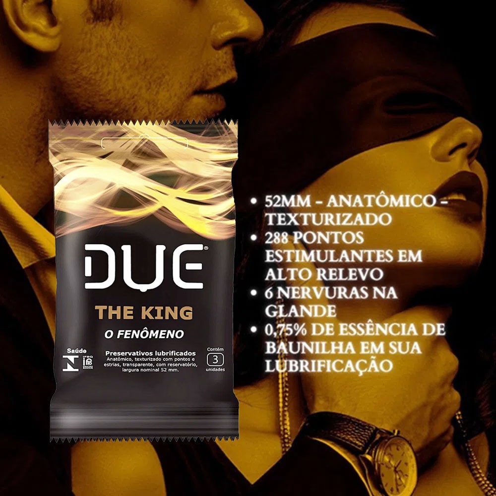 Preservativo Due The King O Fen�meno com 3 Unidades - Detalhes da embalagem com informa��es sobre textura e baunilha
