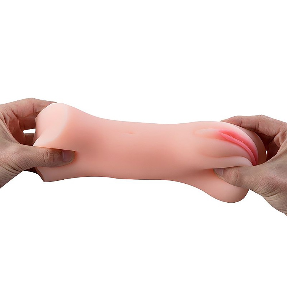 Vista interna do Masturbador Vagina em Cyberskin Aria Bege, revelando a textura e o canal de estimula��o