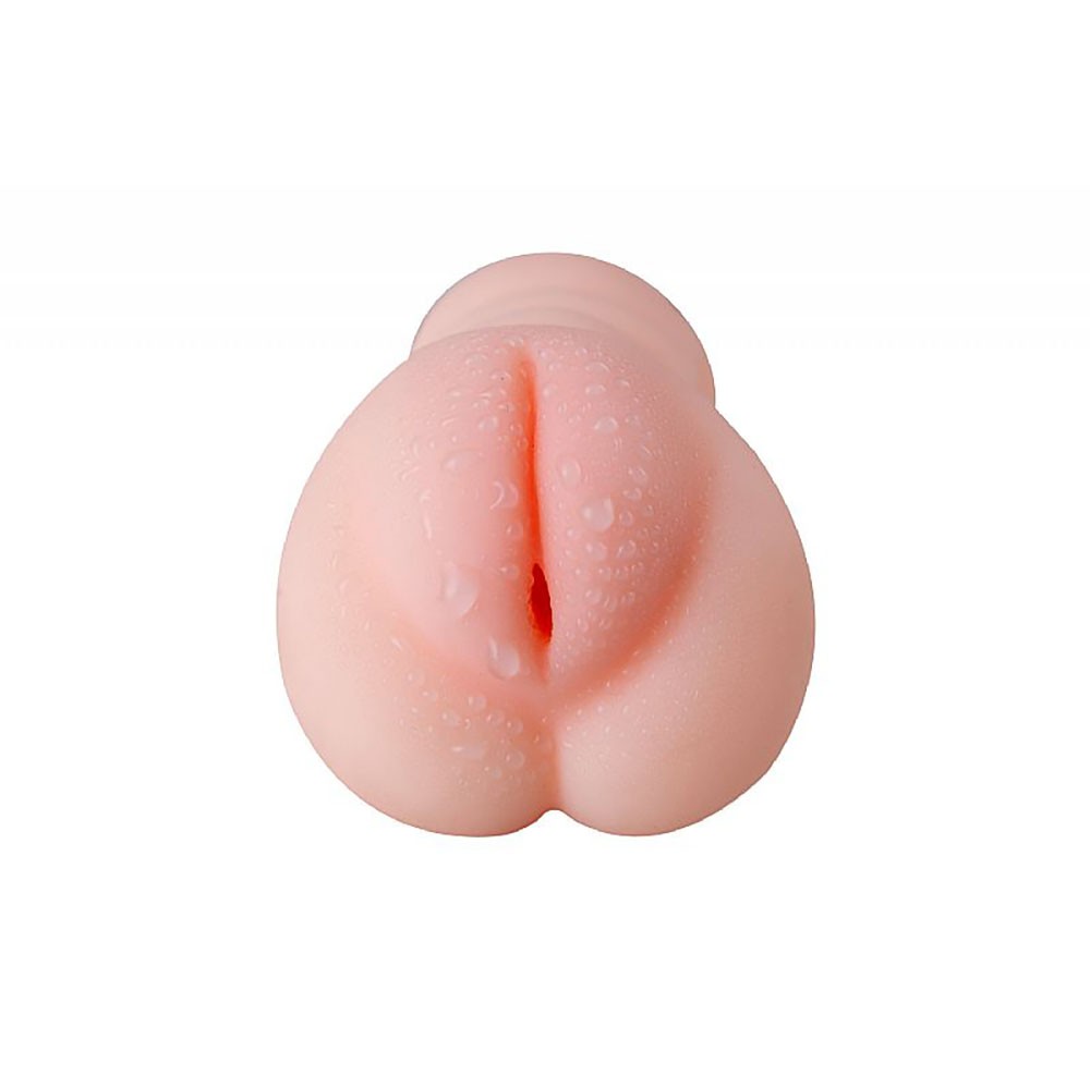 Masturbador Vagina em Cyberskin Cac� Bege em vista frontal destacando entrada da vagina e gotas de lubrificante