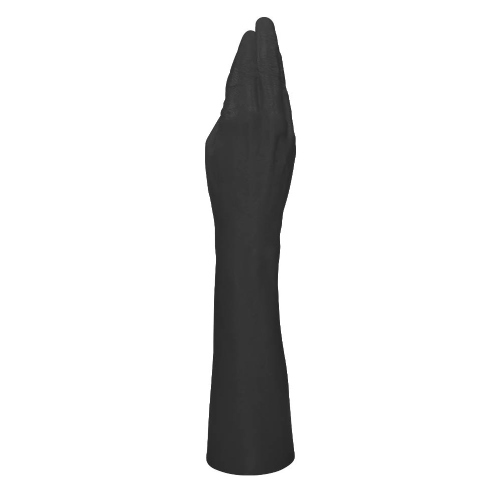 M�o er�tica real�stica Hand Finger preta, vista lateral esquerda, com detalhes da textura do PVC