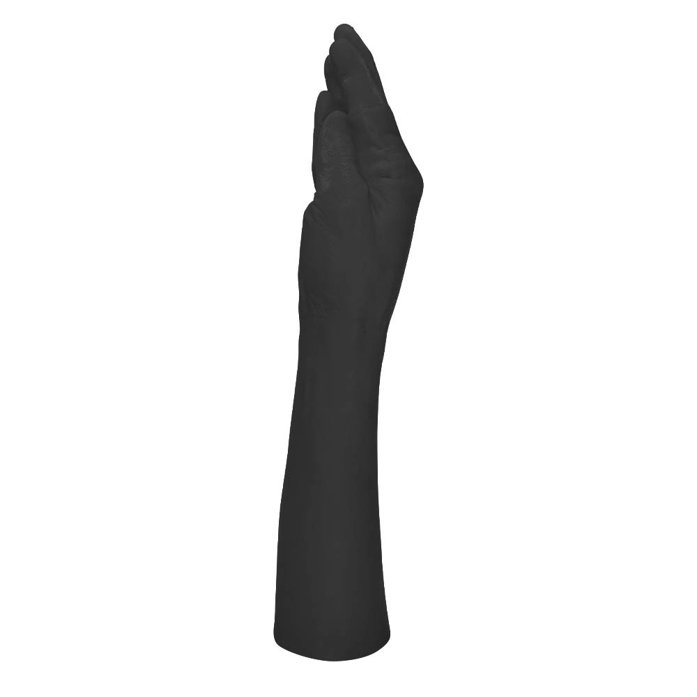 M�o er�tica real�stica Hand Finger preta em vista lateral obl�qua, mostrando a curvatura dos dedos e o formato do antebra�o