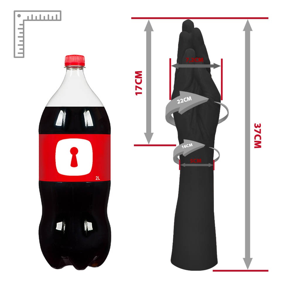 M�o er�tica real�stica Hand Finger preta, vista diagonal inferior, destacando a base de apoio e o realismo dos dedos