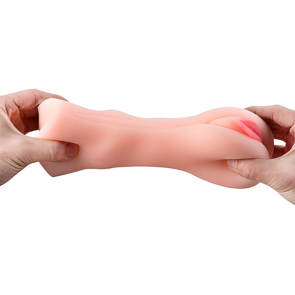 Masturbador Vagina Fani Bege em vista frontal destacando as aberturas vaginal e anal, com cor da Cyberskin
