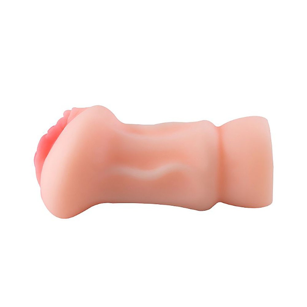 Vista lateral detalhada do masturbador Vivi Bege, evidenciando o design ergon�mico e a curvatura do Cyberskin