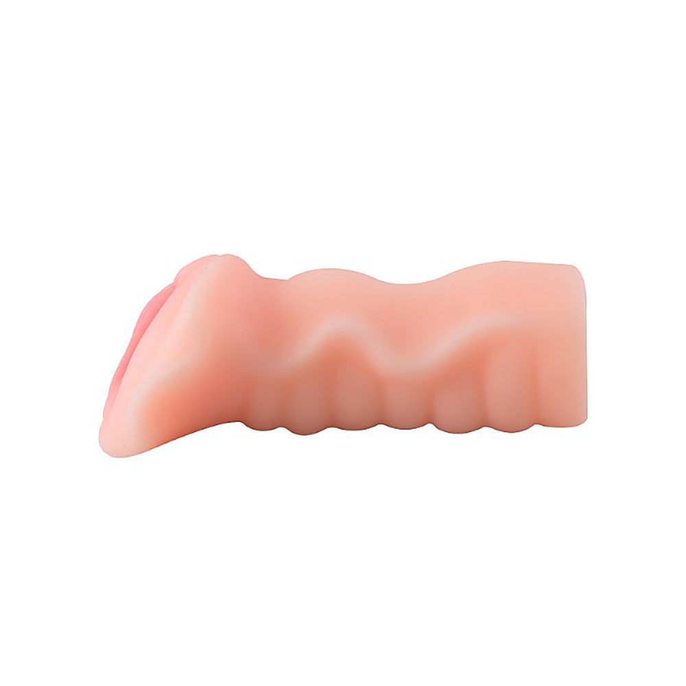 Masturbador Vagina Mia em Cyberskin, vista lateral com detalhes da textura externa ondulada
