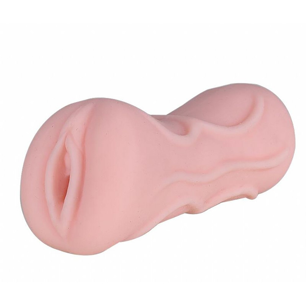 Masturbador Cyberskin bege em vista frontal, exibindo as duas aberturas (boca e vagina) e a suavidade do material