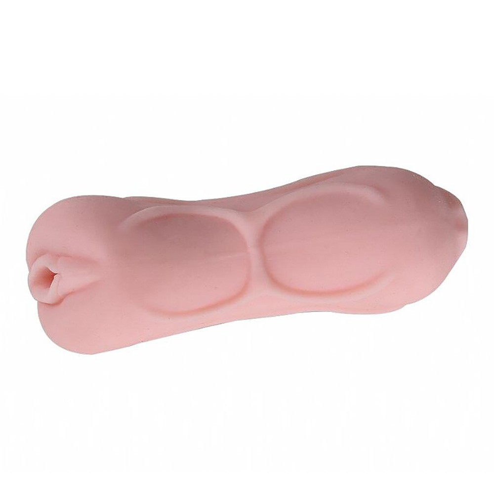 Vista superior do Masturbador Boca e Vagina em Cyberskin bege com foco nas texturas externas do material