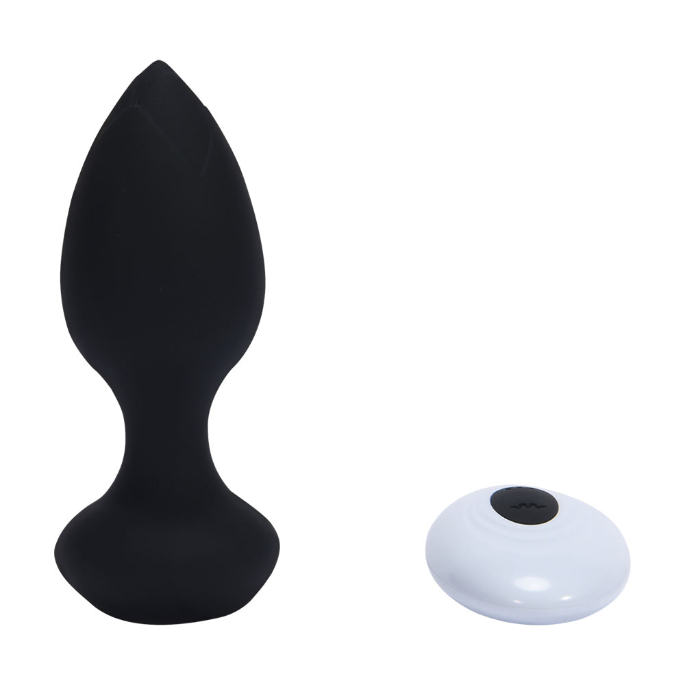 Plug Anal Recarreg�vel em Silicone Preto e controle sem fio, vista frontal com base reta