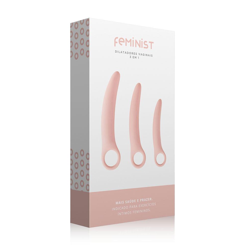 Kit Dilatador Vaginal Feminist 3 em 1 com a embalagem e os dilatadores de silicone rosa em diferentes tamanhos