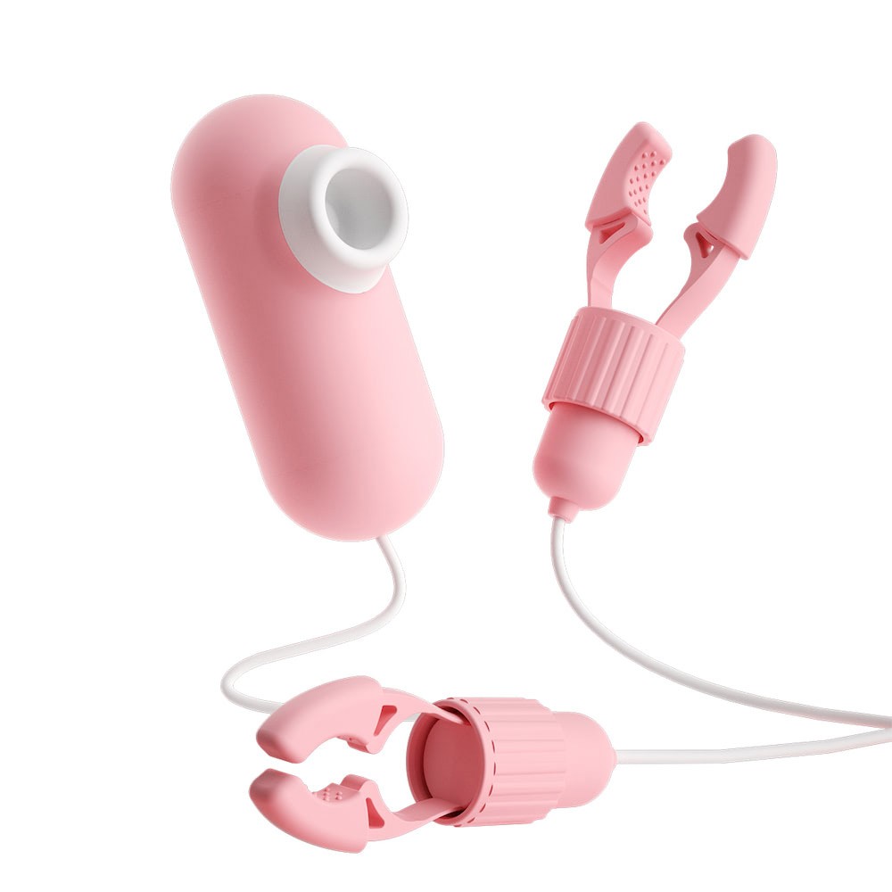 Prendedor de Mamilo e Vibrador de Clit�ris em Silicone Rosa em detalhes, mostrando as pin�as ajust�veis e o formato ergon�mico do vibrador