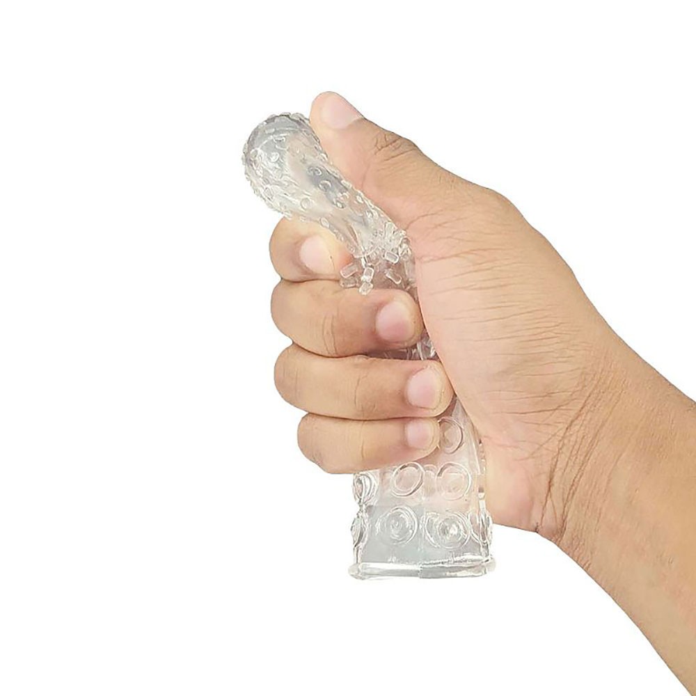 Capa Peniana sem Vibrador em Jelly Texturizada transparente em diferentes posicionamentos