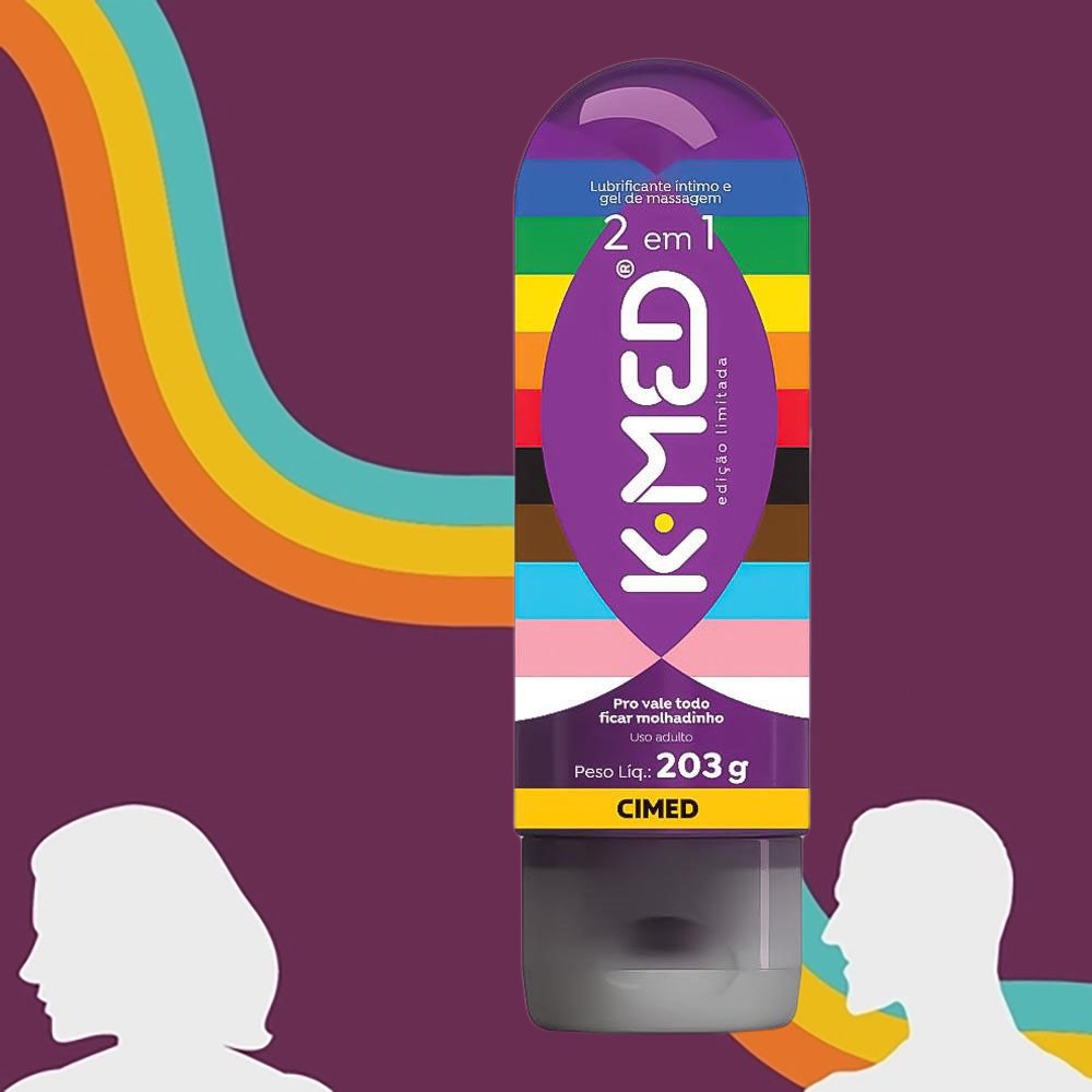 Lubrificante K-Med 2 em 1 LGBTQIAP+ 203g com silhuetas de pessoas ao fundo, simbolizando a inclus�o