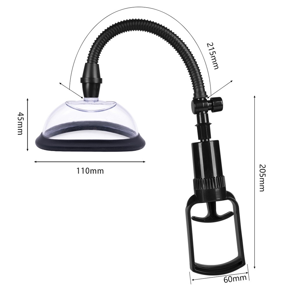 Bomba Vaginal Manual em Silicone e ABS Preto, mostrando copo de suc��o menor transparente
