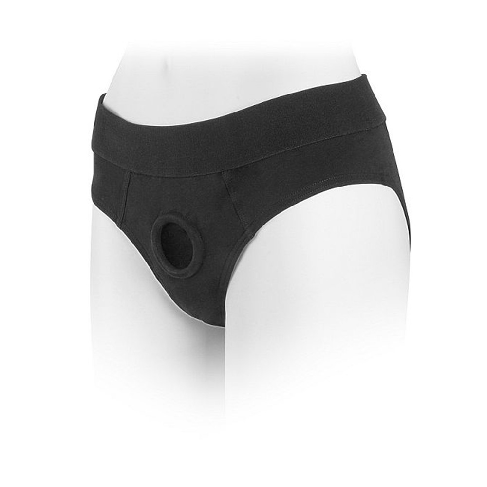 Vista frontal da cueca harness preta com anel central