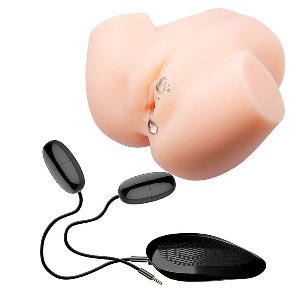 Masturbador Masculino em Cyberskin com vibrador duplo, vista lateral mostrando a entrada anal e o controle do vibrador