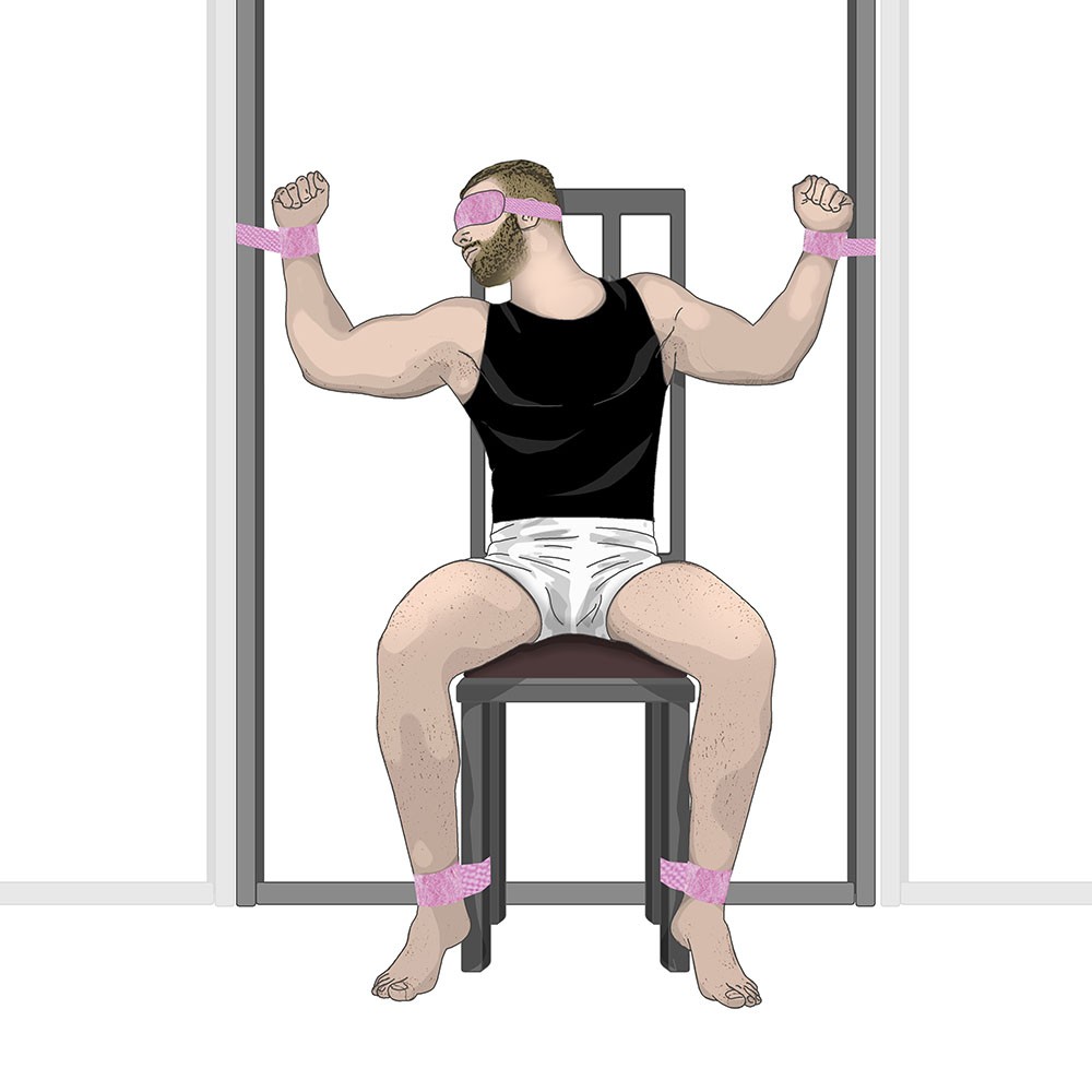 Ilustra��o de uso do Kit Bondage 4 Amarras com um homem sentado, mostrando punhos e tornozelos presos ao batente de uma porta