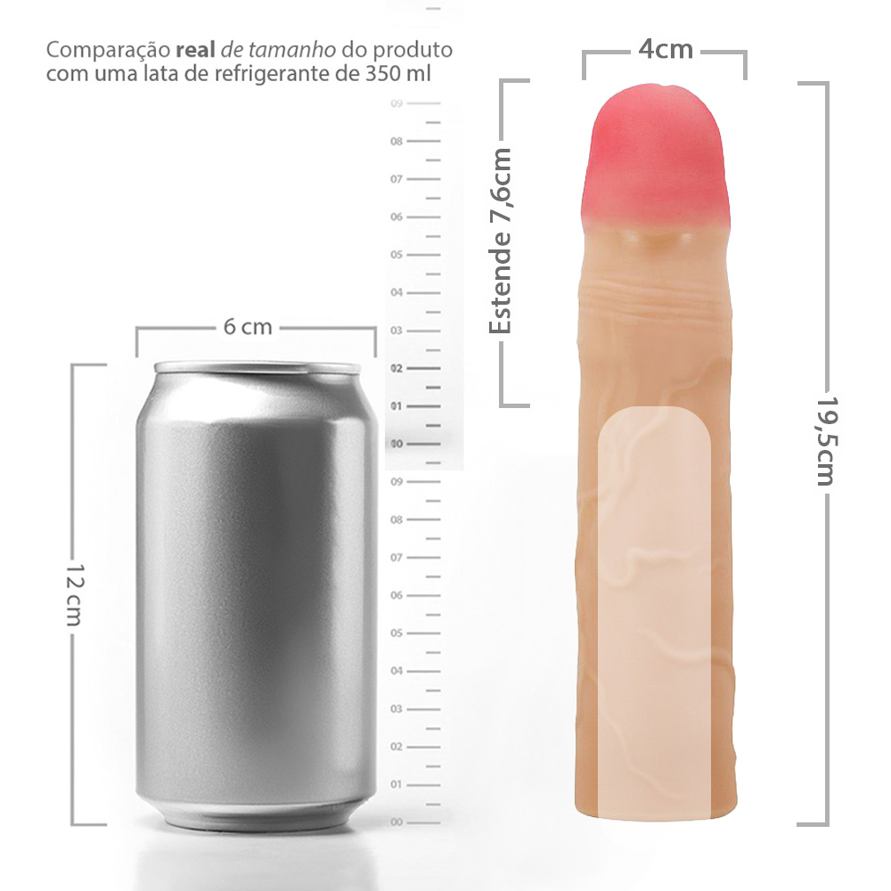 Capa peniana Kylian Bege, com extensor interno e anel escrotal, posicionada para demonstrar seu design alongado e realista.