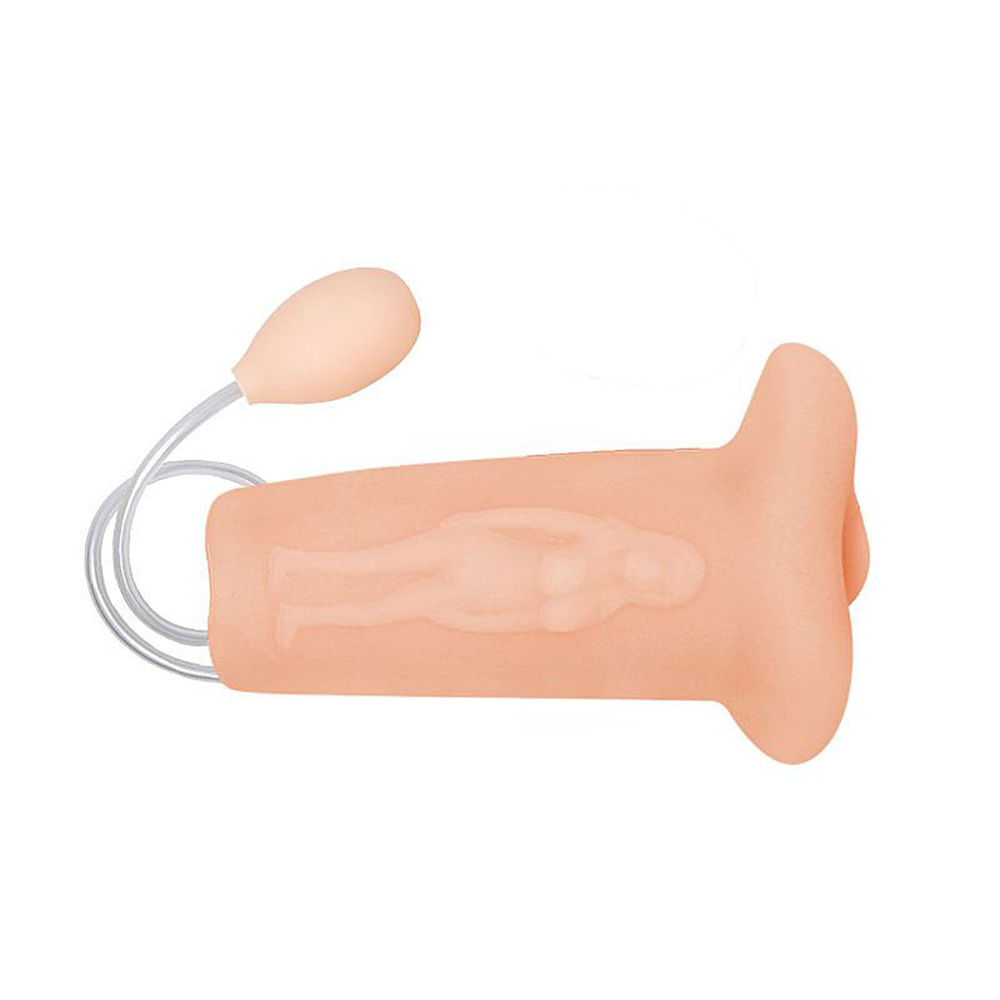 Masturbador masculino em cyberskin vista lateral detalhada, mostrando a bomba de suc��o manual e o tubo de conex�o