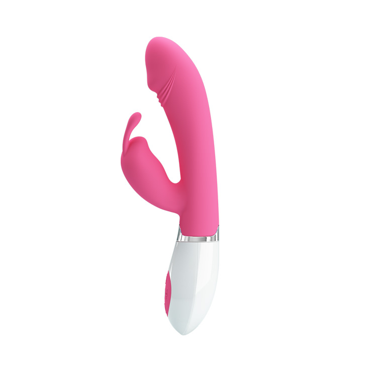 Vibrador Duplo com Estimulador Coelho Gene Pink, vista lateral oposta mostrando a curvatura e design
