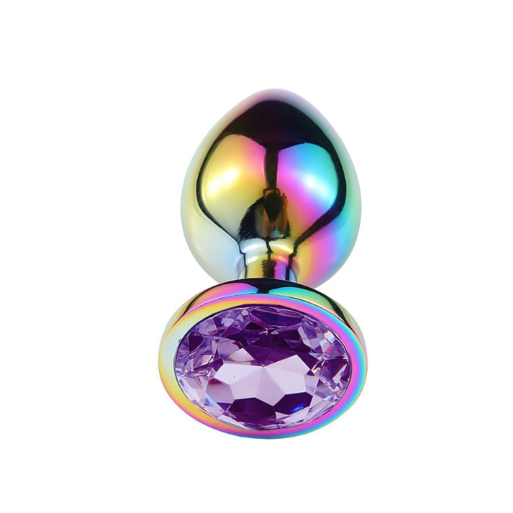 vista lateral do Plug Anal Joia em A�o Furta-Cor Redondo Tamanho M Roxo evidenciando formato redondo anat�mico e propor��o equilibrada
