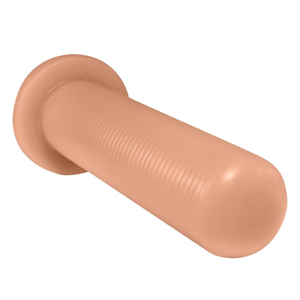 Plug anal KCT flex�vel bege em vista lateral detalhada, mostrando a curvatura e a base arredondada