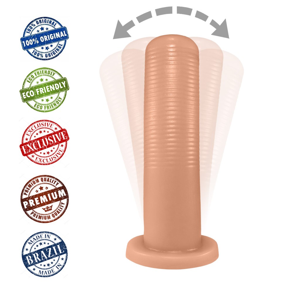 Imagem ilustrativa do plug anal KCT bege com setas indicando sua flexibilidade e os an�is para estimula��o