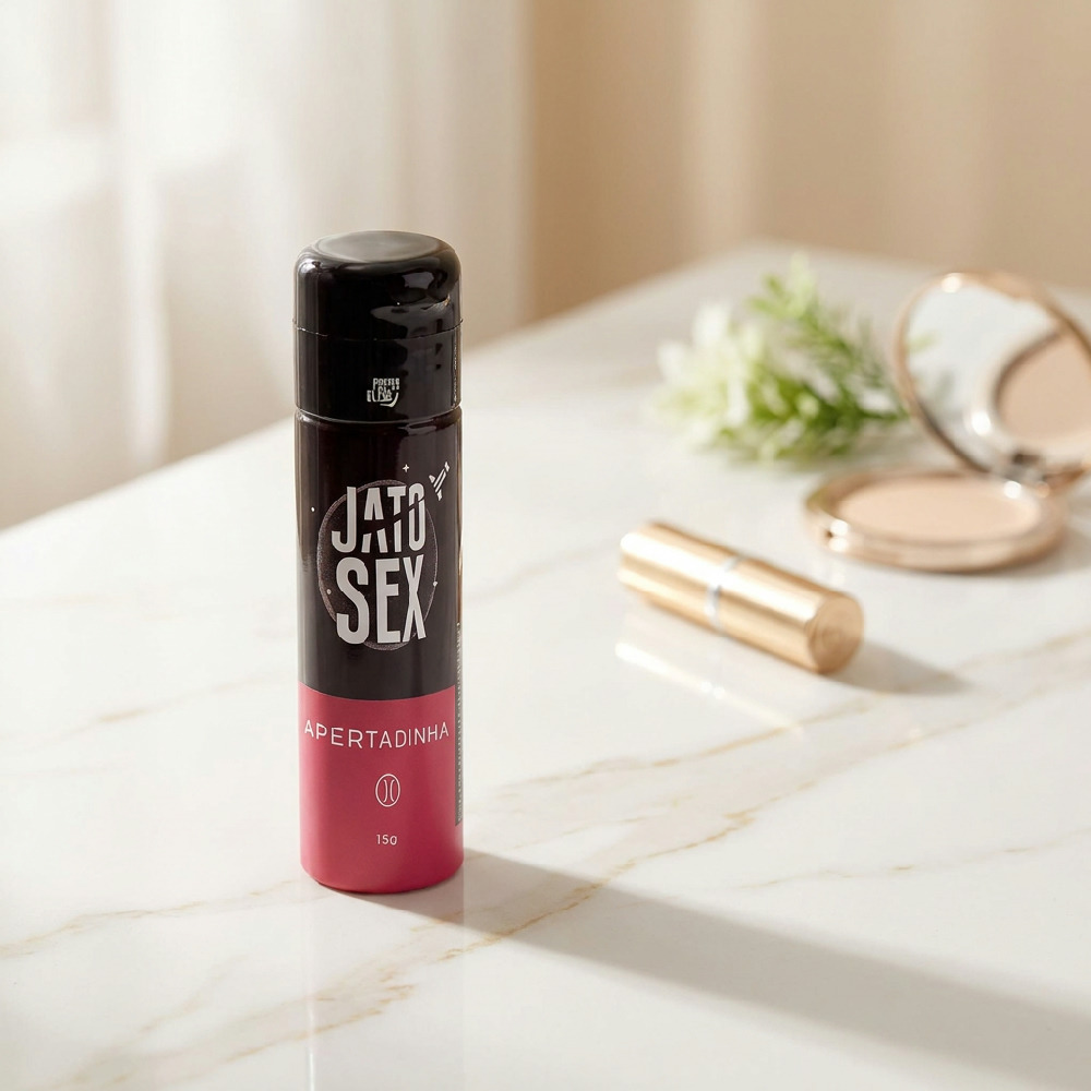 Gel Adstringente Comest�vel Jato Sex Apertadinha em ambiente discreto, ao lado de objetos de maquiagem, destacando a eleg�ncia da embalagem