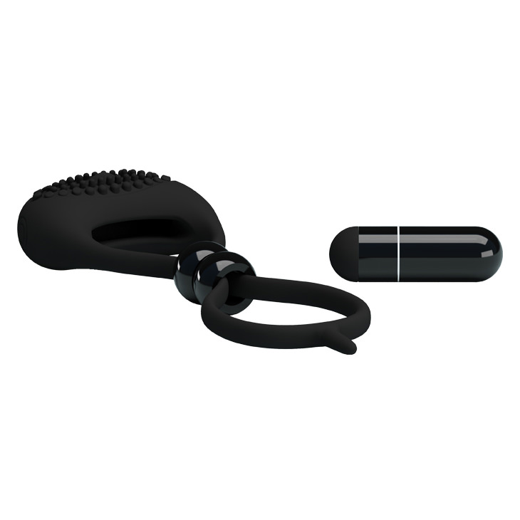 Vista lateral do Anel Peniano Ajust�vel em Silicone Preto destacando as esferas ajust�veis e a base do vibrador