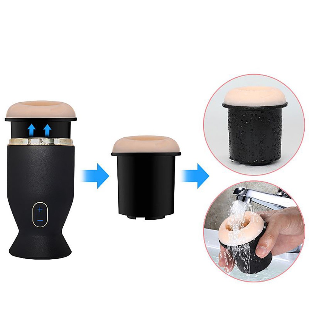 Masturbador Masculino em TPE e ABS Recarreg�vel com 6 Modos de Rota��o Solo Preto, mostrando o interior texturizado e o compartimento remov�vel para limpeza.