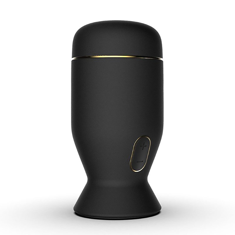 Masturbador Masculino em TPE e ABS Recarreg�vel com 6 Modos de Rota��o Solo Preto, vista lateral do aparelho fechado, destacando o design discreto e os detalhes dourados.