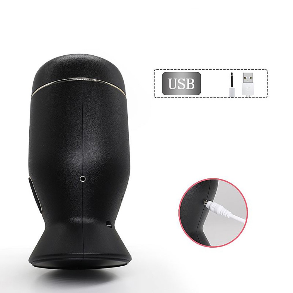 Masturbador Masculino em TPE e ABS Recarreg�vel com 6 Modos de Rota��o Solo Preto, mostrando o produto em uma embalagem com os detalhes do produto e suas funcionalidades.