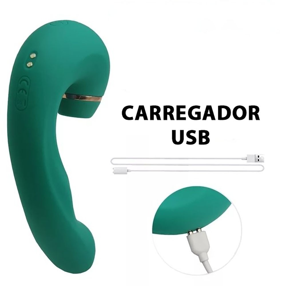Vibrador Duplo em Silicone Recarreg�vel Mappy Hour Verde que acompanha o cabo USB para carregamento.