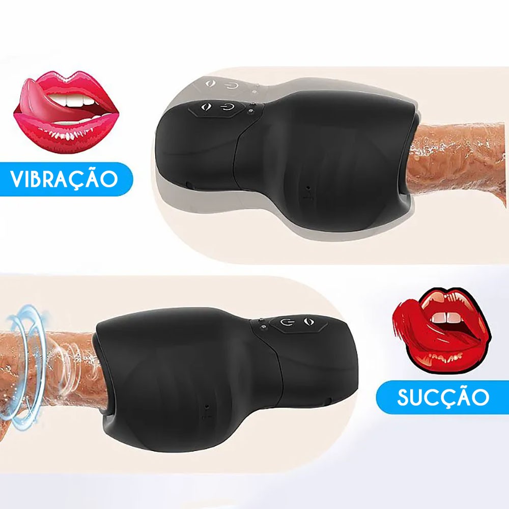 Masturbador Masculino Payne em silicone preto, imagem ilustrativa da vibra��o e suc��o com o p�nis