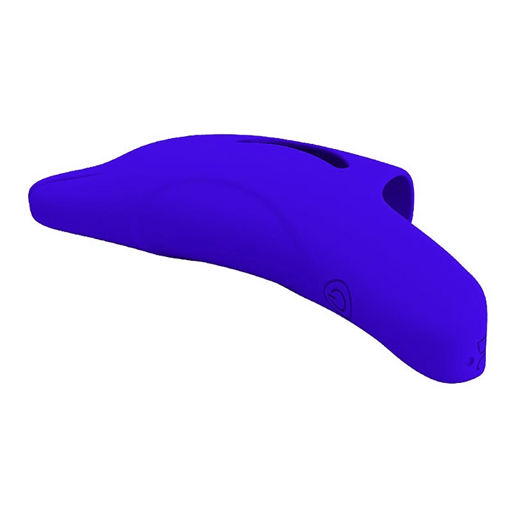 Dedeira Estimuladora Recarreg�vel Delphini Azul em silicone, vista inferior. Produto vibrat�rio de dedo, ergon�mico.