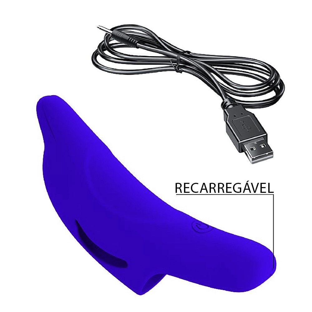 Dedeira Estimuladora Recarreg�vel Delphini Azul em silicone, detalhe do bot�o de controle e textura suave.
