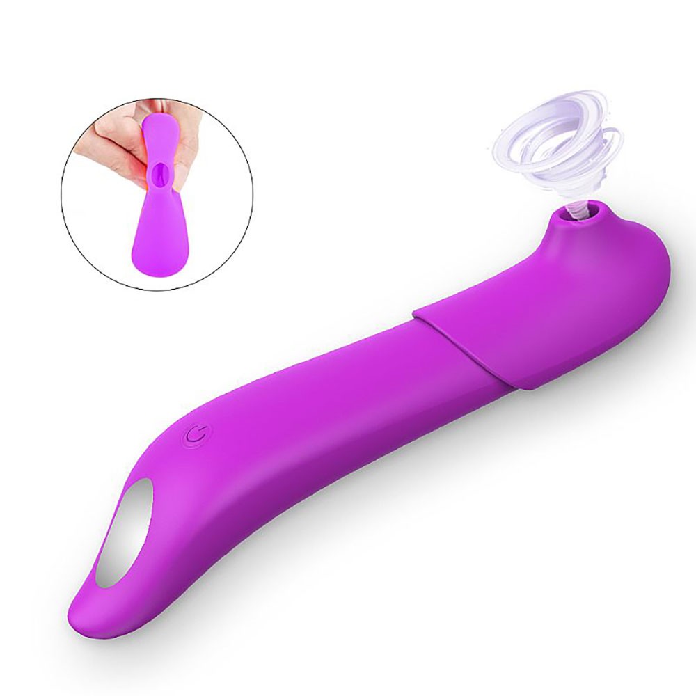 Vibrador Feminino em Silicone Recarreg�vel Youmis Roxo, vis�o lateral com redemoinho ilustrativo de suc��o