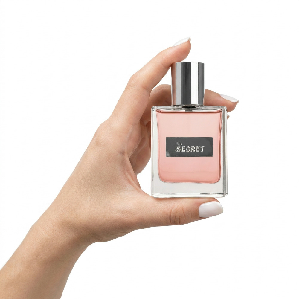 Mulher segurando o frasco do Perfume Feminino The Secret 50ml, mostrando o tamanho na m�o
