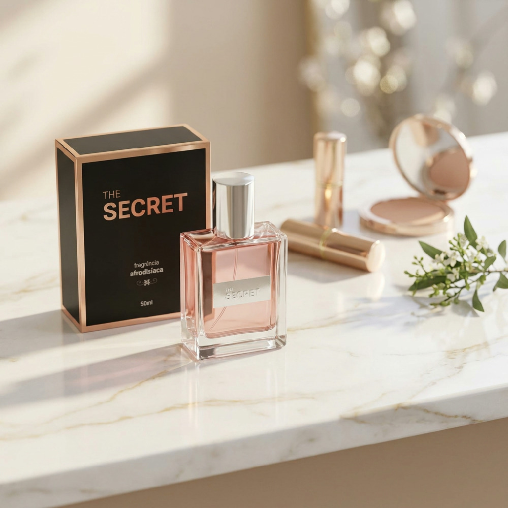 Frasco do Perfume Feminino The Secret com a caixa ao fundo, com foco na fragr�ncia afrodis�aca