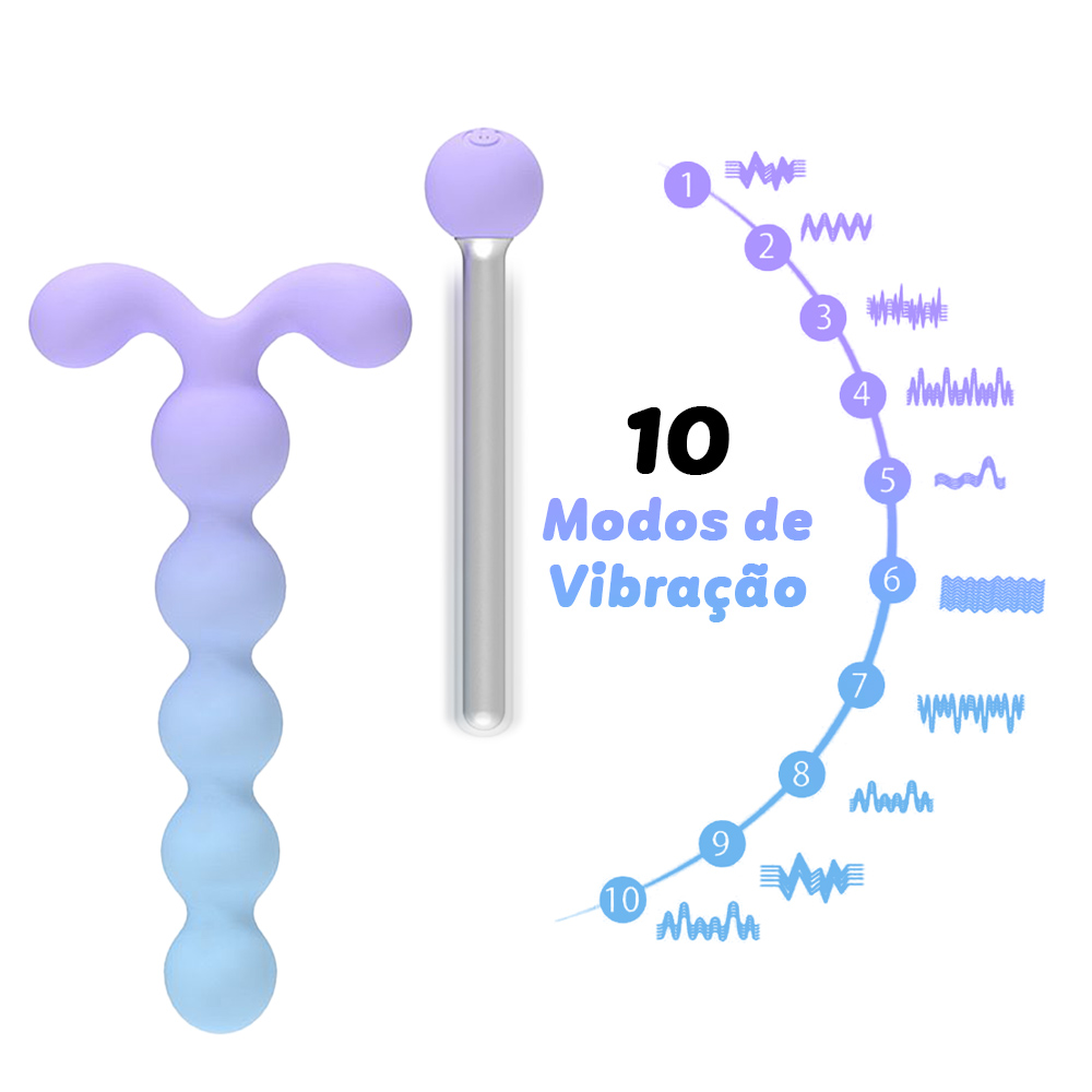 produto | Imagem ilustrativa mostrando a bolinha anal vibrat�ria roxo degrad� e os 10 modos de vibra��o com seus respectivos padr�es