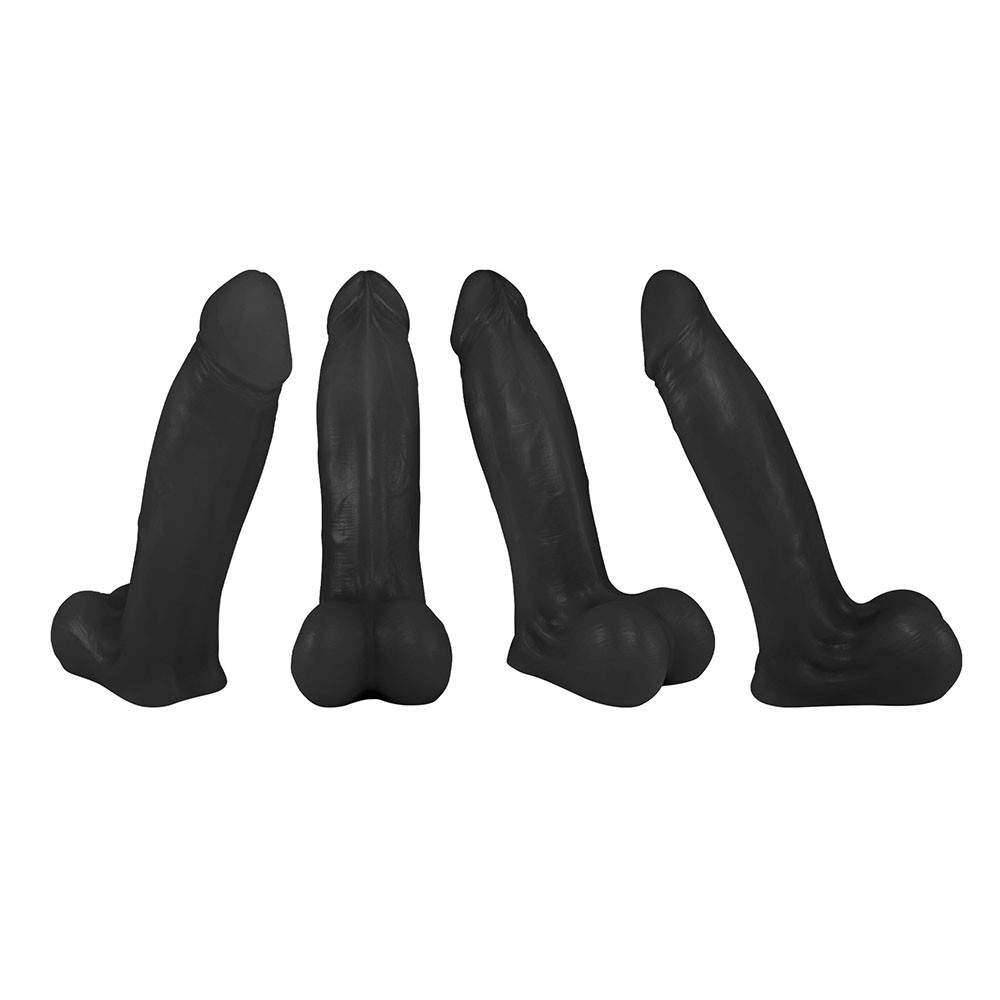 Conjunto de 4 vistas do p�nis real�stico em PVC de toque macio preto, destacando o formato realista