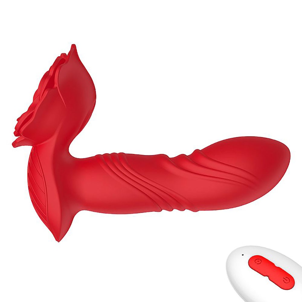 Vista lateral do Vibrador Duplo em Silicone Recarreg�vel APP Aurora Vermelho, mostrando a texturizacao do vibrador e o formato de rosa da base