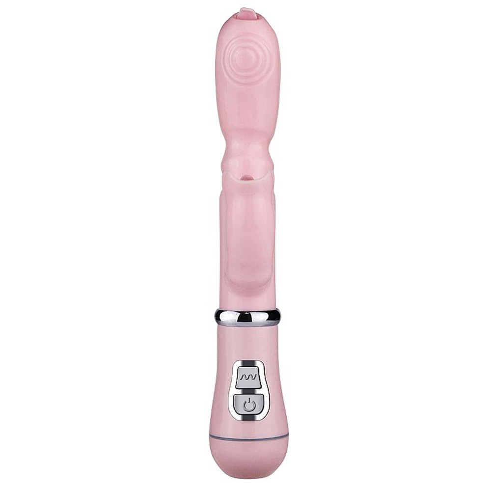 Vibrador Duplo em ABS com L�ngua Estimuladora 12 Vibra��es Rosa - Vista lateral do vibrador mostrando o formato ergon�mico.