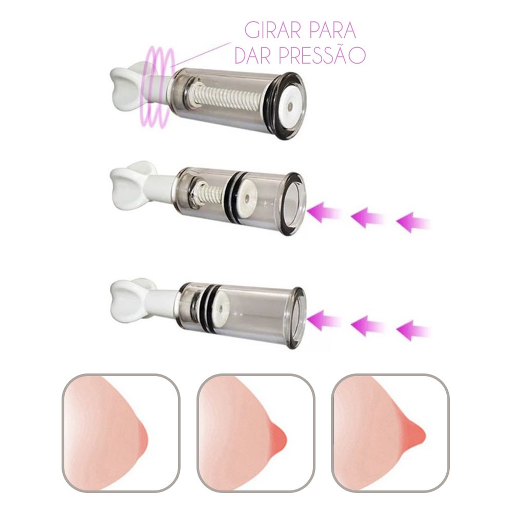 Guia visual de como usar o Estimulador de Mamilos com Suc��o, mostrando os passos para aplicar e aumentar a press�o
