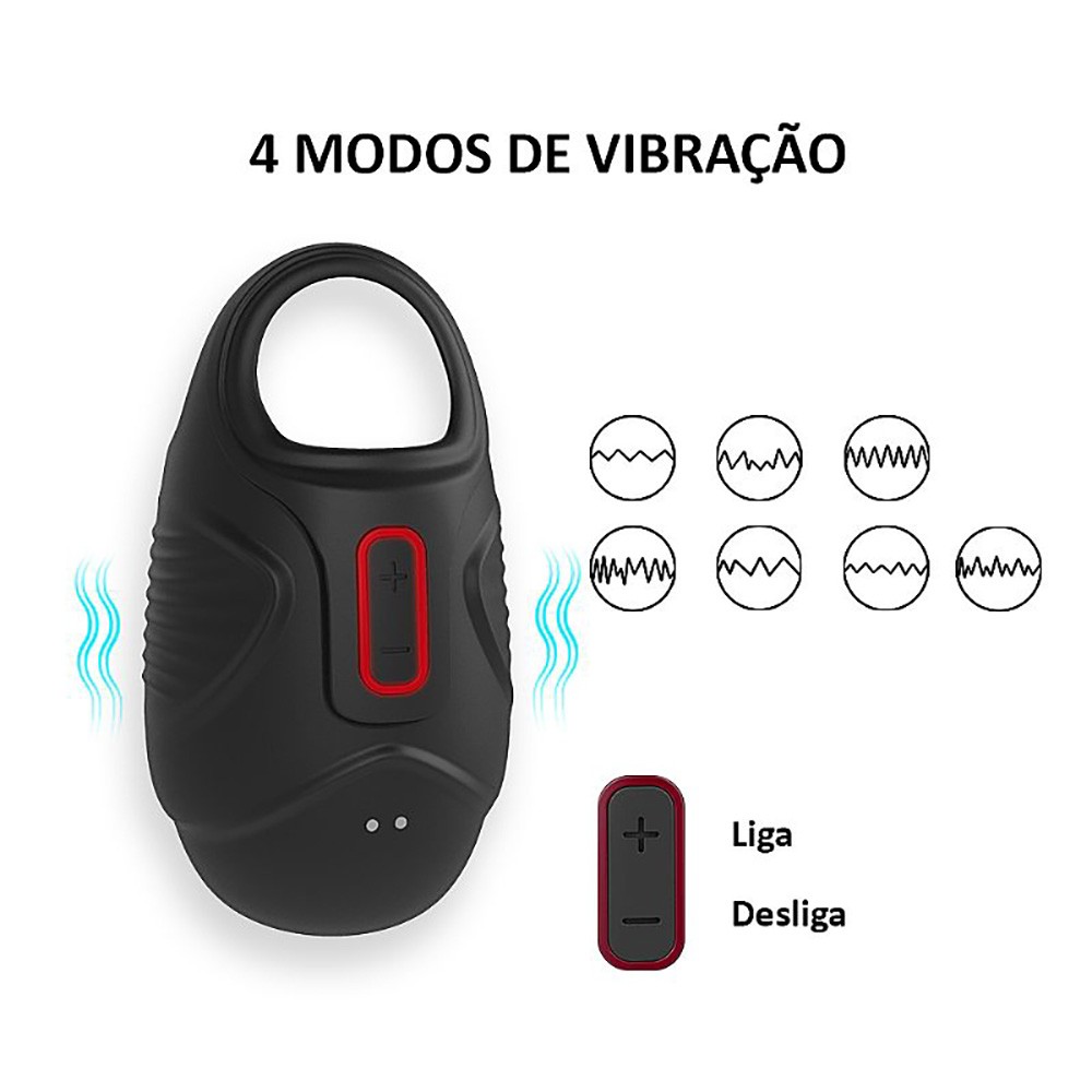 produto | Imagem mostrando o controle embutido do anel peniano com bot�es de mais e menos, e ilustra��es de 4 modos de vibra��o diferentes